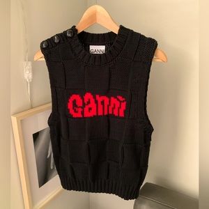 Ganni cotton rope knit vest sweater vest black/red
